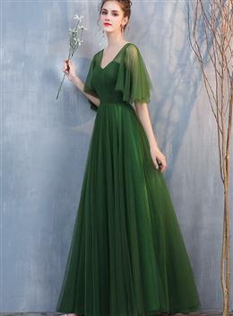 Picture of Dark green Tulle A-line Long Formal Dress Evening Dresses, Green Floor Length Bridesmaid Dress